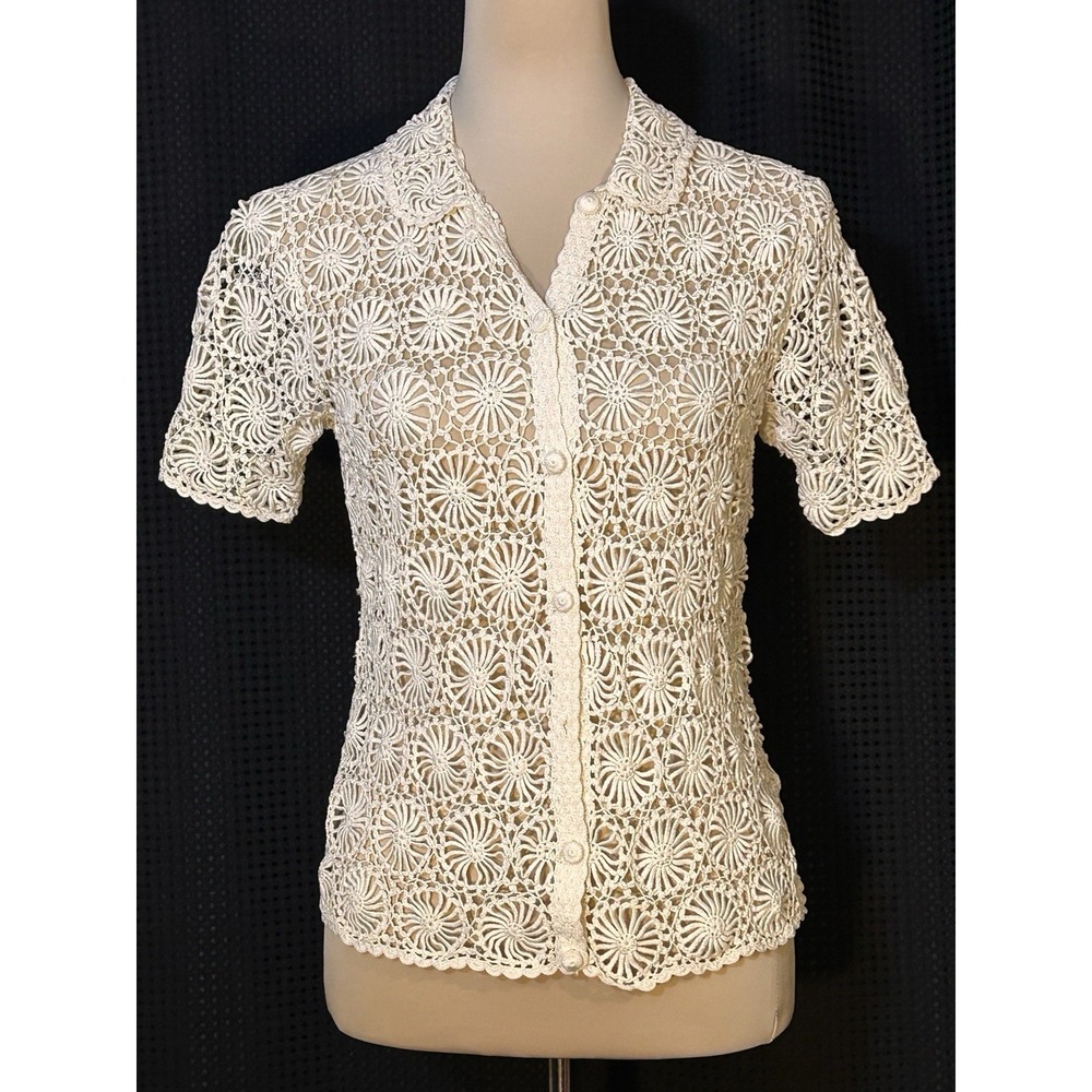 Vintage Crochet Lace Cream Romantic Boho Short Sleeve Button UP Sheer Top Blouse - Picture 1 of 7
